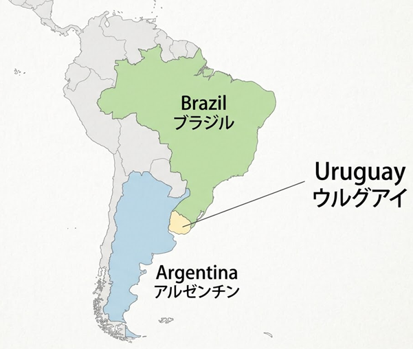 ウルグアイの地図。ブラジルとアルゼンチンの二大国の間にある。